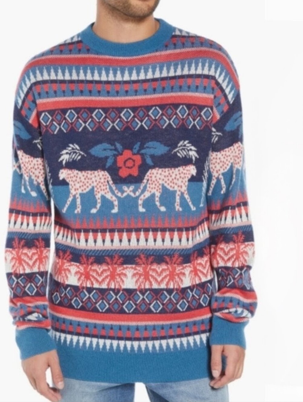 The Rail Men's Tropical Fair Isle Sweater Cheetah Palm Tree Large